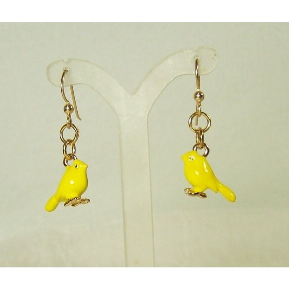 Yellow Canary Enamel Bird Earrings Gold Tone Spring Easter Jewelry 1" Drop - Picture 4 of 4